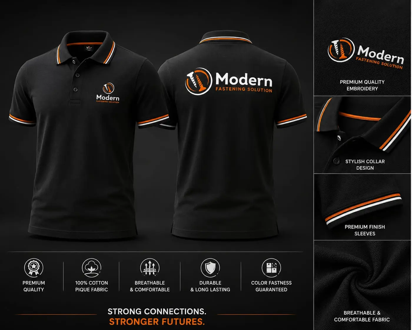 Black Modern Fastening Solution polo shirts with embroidered chest and back logo