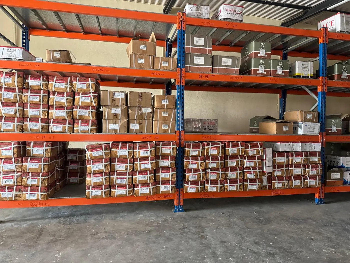 Wedge anchor stock racked and labelled by size at the Modern Fastening Solution warehouse