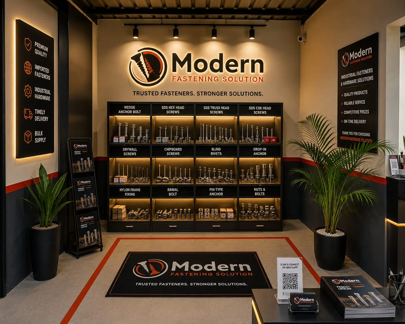 Design visual of the product display wall with fastener samples by category
