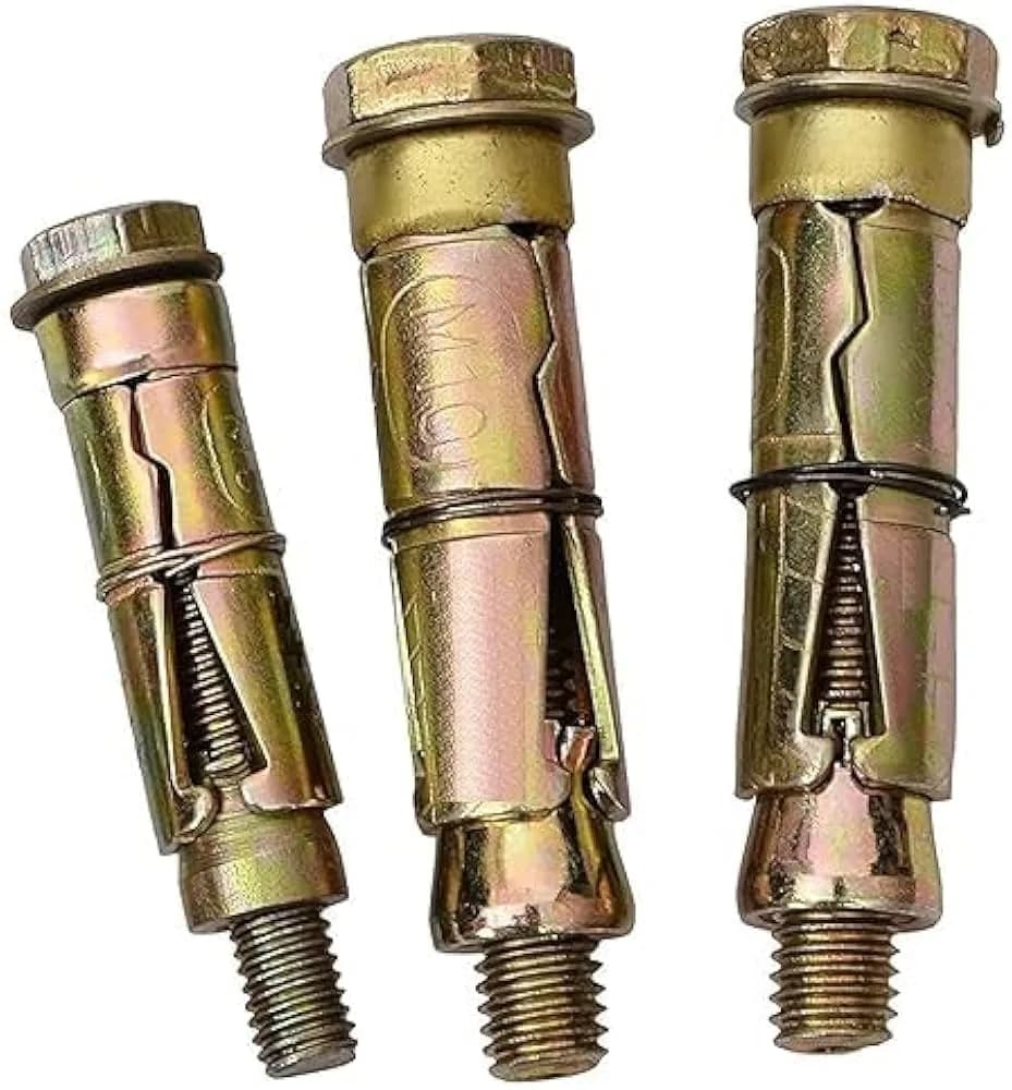 Yellow passivated rawl bolts with full-length expansion sleeves, nuts and washers