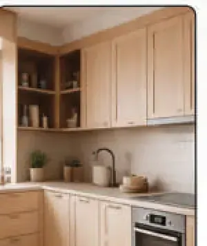 Modular kitchen with timber-finish cabinetry