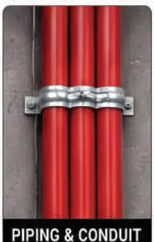 Painted pipework carried on clamps fixed into the structure