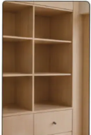Timber shelving unit built against a boarded wall
