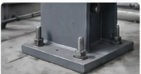 Machine base plate anchored to a concrete floor with wedge anchors